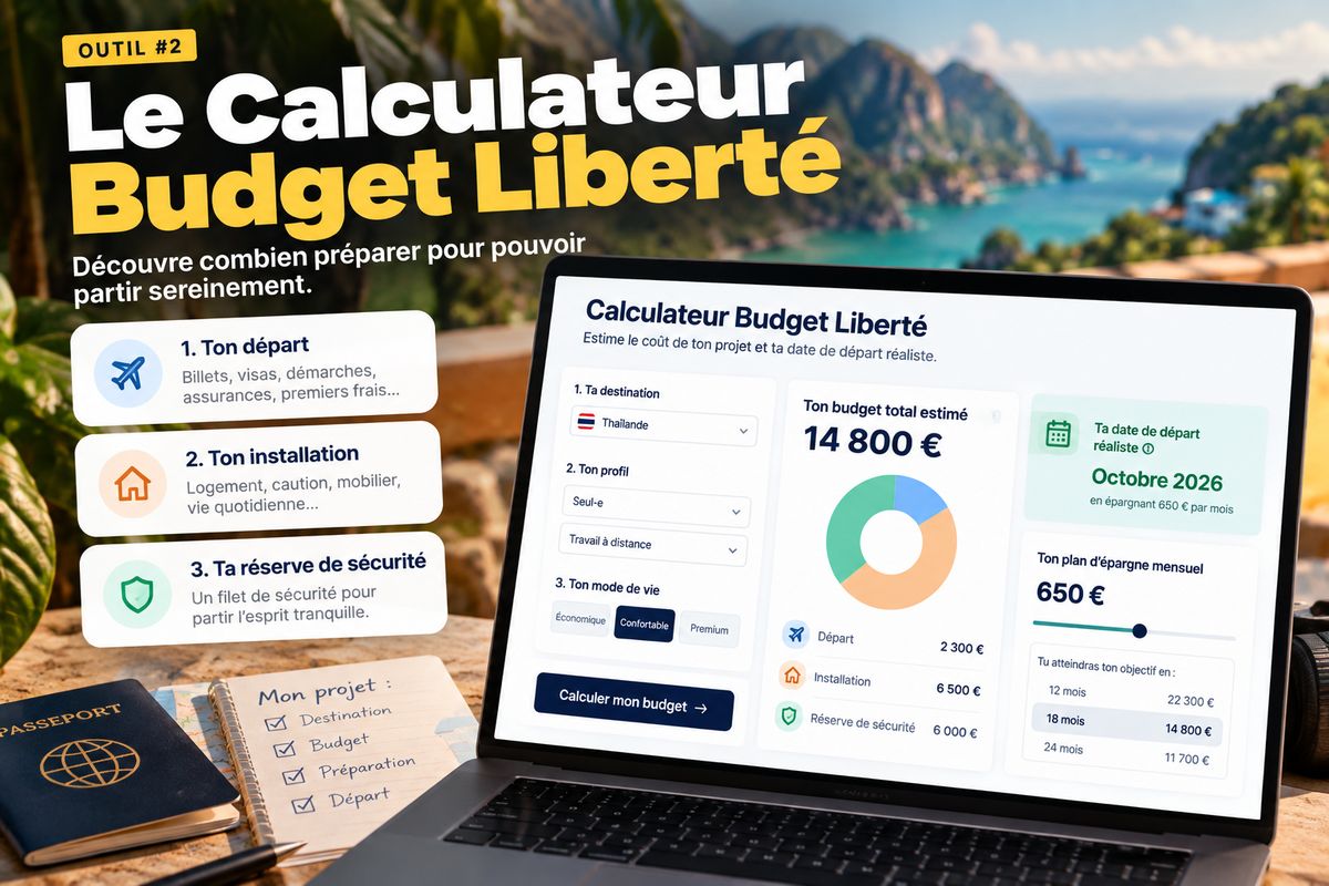 Visuel du Calculateur Budget Liberté : un ordinateur affiche un budget total estimé de 14 800 € réparti entre départ, installation et réserve de sécurité, avec une date de départ réaliste et un plan d’épargne mensuel.