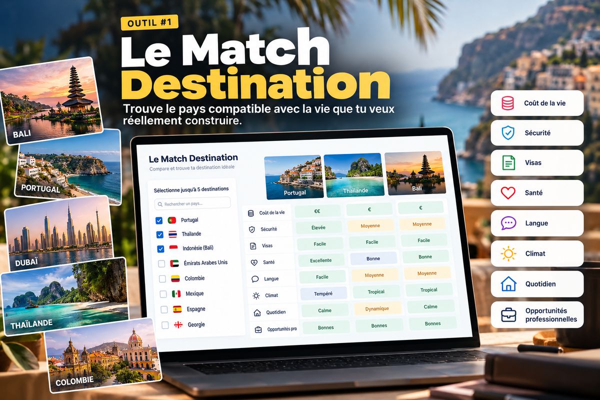Visuel du Match Destination : un ordinateur affiche le comparatif Portugal, Thaïlande et Bali sur le coût de la vie, la sécurité, les visas, la santé, la langue, le climat, le quotidien et les opportunités professionnelles.