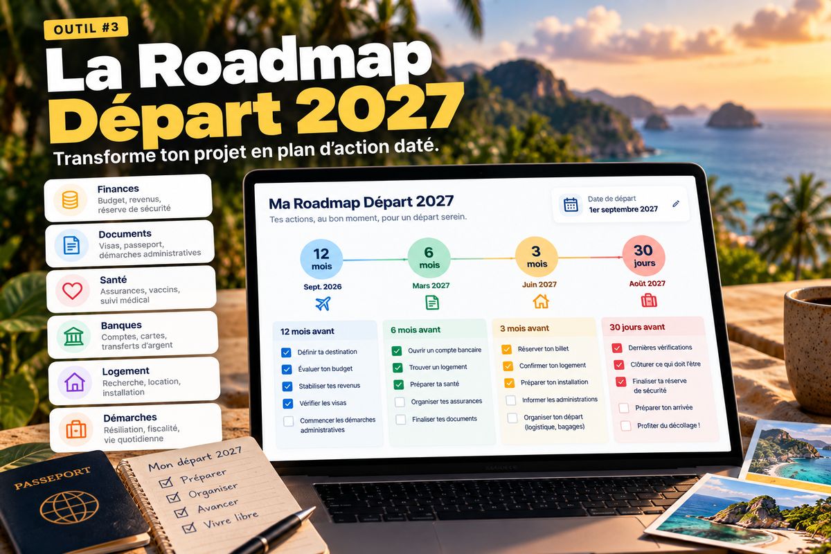 Visuel de la Roadmap Départ 2027 : un ordinateur affiche un rétroplanning à 12 mois, 6 mois, 3 mois et 30 jours du départ, avec les actions à cocher à chaque étape.